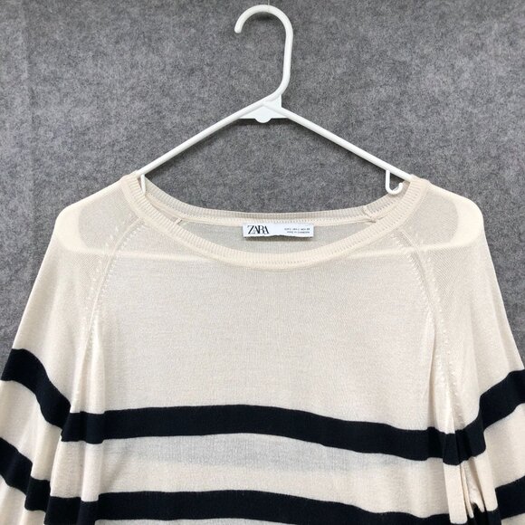 Zara Lightweight Sweater Womens L Ivory Black Striped Round Neck Knit Stretch - Picture 3 of 9